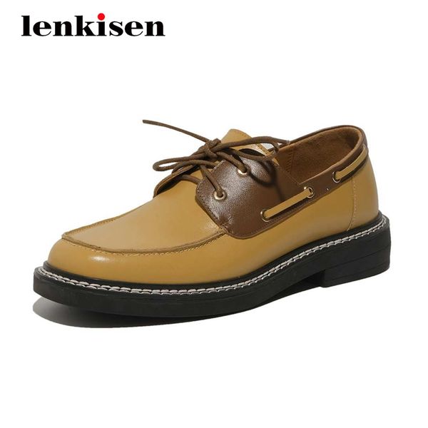 

lenkisen preppy style genuine leather mixed colors neutral round toe thick med heel lace up pretty girls british women pumps l87, Black