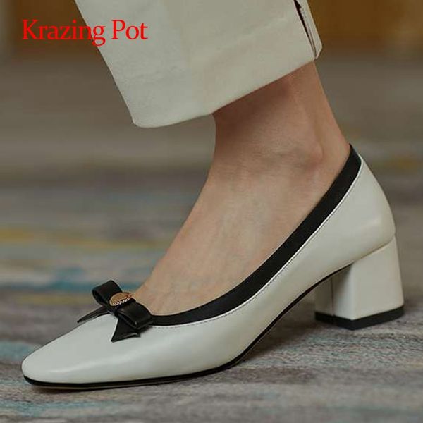 

krazing pot gladiator full grain leather butterfly-knot mixed colors square toe thick med heel slip on gorgeous women pumps l90, Black