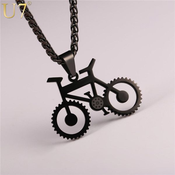 

u7 bicycle necklace black color stainless steel bike pendants & chain for men/women 2020 fashion jewelry hippie rock p1028, Silver