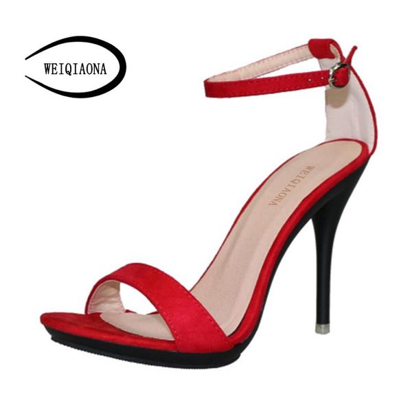 

sandals weiqiaona classic style summer women shoes fashion candy colors ankle strap high heel hollow peep toe party, Black
