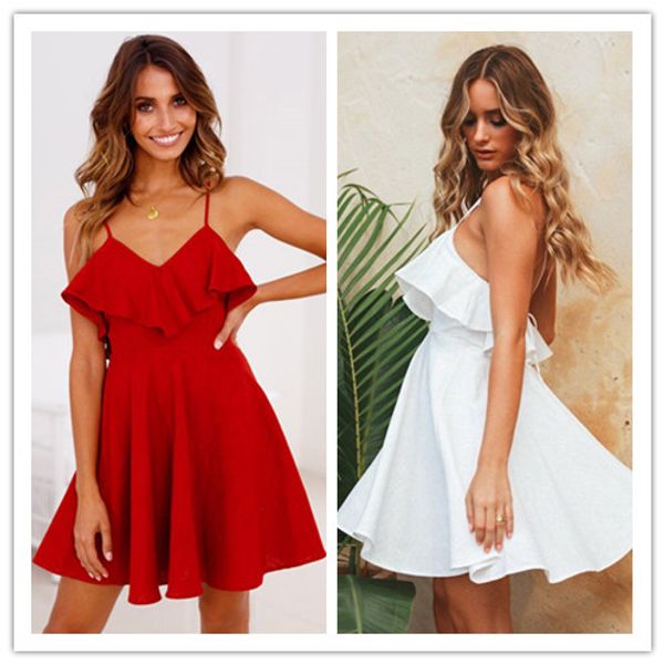 

red sleeveless spaghetti strap casual white mini sundress summer women satin dress backless bandage v-neck beach dresses
