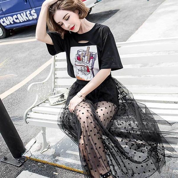 

gauze women's lower body long small polka dot all-match sunscreen women's long sand skirt summer gauze skirt overskirt, Black