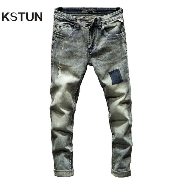 

american streetwear fashion men jeans retro blue slim fit elastic ripped jeans men destroyed denim pants printing hip hop