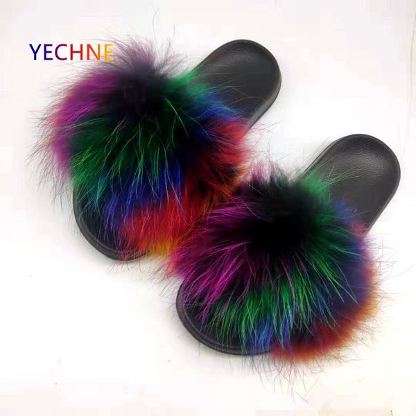 

summer woman leather fox fur slippers home sandals fluffy long hair indoor slides eva flat flip flops leisure shoes, Black
