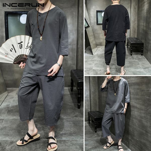 

incerun men leisure solid cotton sets buttons 2 pieces vintage chinese style suits 3/4 sleeve v neck blouse cropped pants suits, Gray