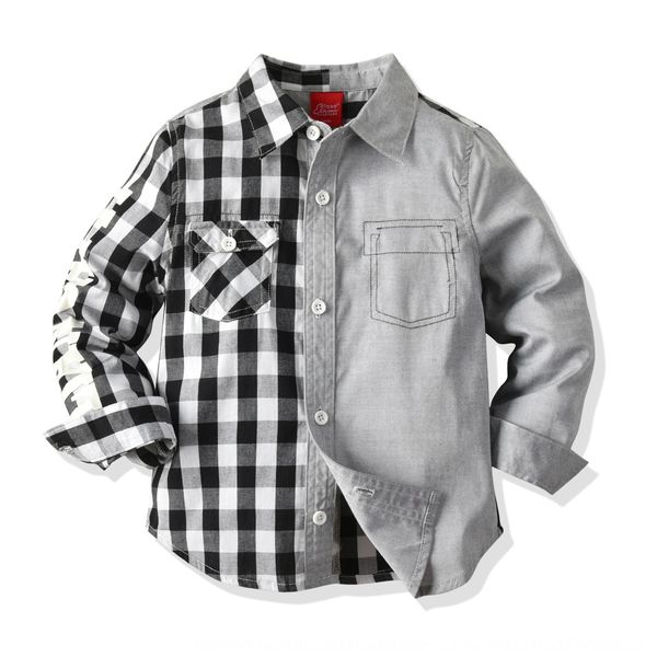 

boys shirt ' 2020 spring and autumn new black and white plaid long sleeve gentleman lapel shirt top, White;black