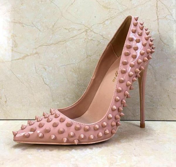 

plus size 33 to 46 origin package shiny red bottom shoes gold rivets spikes desiger high heels genuine leather pointed stiletto heels, Black