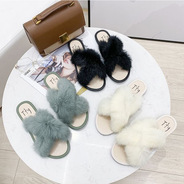 

2020 women fluffy slippers home indoor house shoes fashion casual flat shoes women slides flip flops sweet cute furry slippers, Black