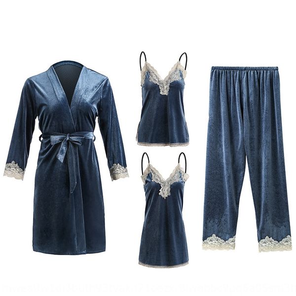 

6y94c gold velvet four-piece suit women's new korean sling lace long sleeved nightgown home four-piece pajamas home clothes pajamas clo, Blue;red