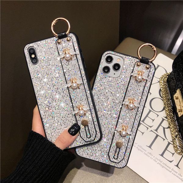 

for iphone 11 12 pro max x xr xs max 6 7 8 plus case glittering sequins cute lovely pearl wristband stand phone cases