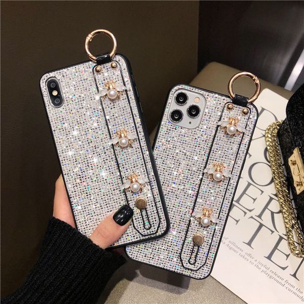 per Iphone 11 12 Pro X Xr Xs Max 6 7 8 Plus Custodia con paillettes scintillanti Custodie per telefoni con supporto per polsino con perle adorabili e scintillanti