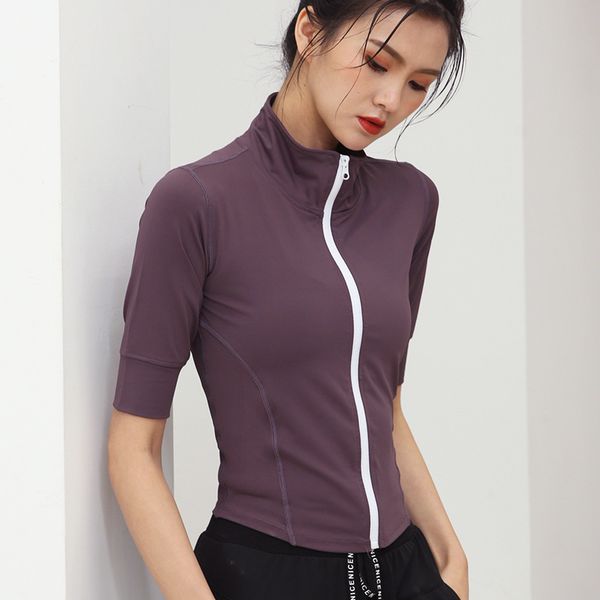 

women running tight fitness coat sleeve quick-drying cultivate morality in the zipper yoga suit collar short sleeve, White;red