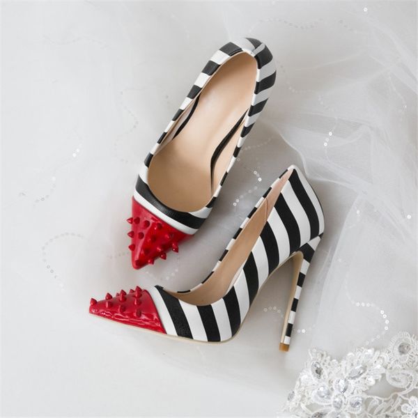 

studded high heels 12cm stilettos women pointed toe rivet ladies party pumps zebra shallow colorful shoes woman 34-44, Black