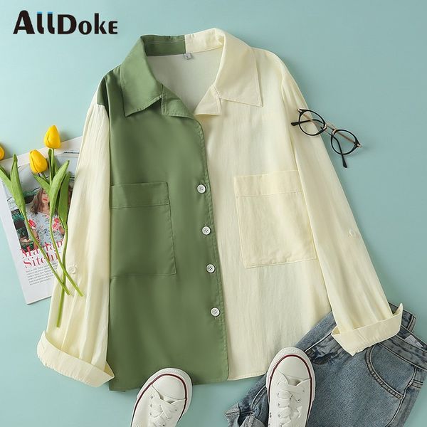 

women's blouses & shirts alldoke patchwork casual blouse women summer turn down collar long sleeve shirt lady office pockets blusas, White