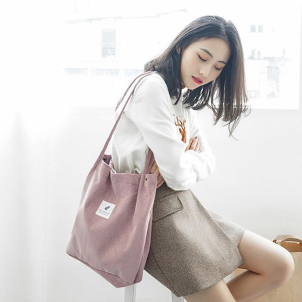 

women tote female casual shoulder bag ladies canvas handbag high capacity foldable reusable corduroy shopping bag for girl