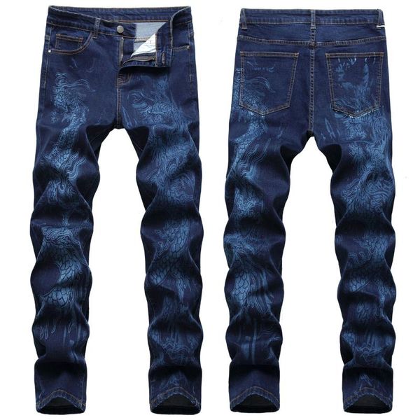 

men's jeans dragon printed micro-elastic straight slim blue mens fashion stretch pencil denim pants male