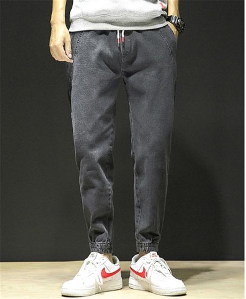 

mens designer cotton jeans casual mid waist street style jean pencil pants drawstring jeans with pockets, Blue
