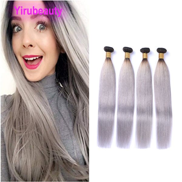 Estensioni dei capelli umani vergini brasiliani 1B / grigio dritto 4 pacchi 1b grigio ombre due toni colore diritto serico 10-24 pollici