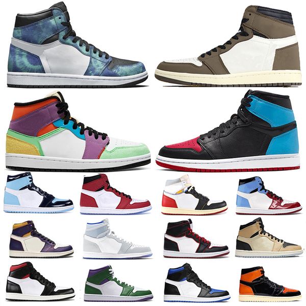 

new arrival racer blue tie dye fearless 1 1s travis scotts basketball shoes court purple twist spiderman union unc mens trainers sneakers, White;red