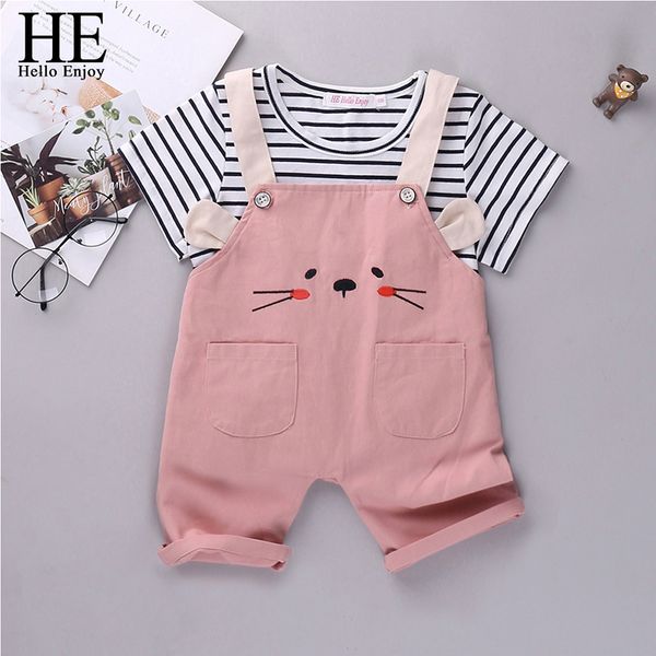 

he hello enjoy baby girls clothes sets summer children cartoon cat t-shirt stripe shorts 2pcs toddler boys casual kids clothing, White