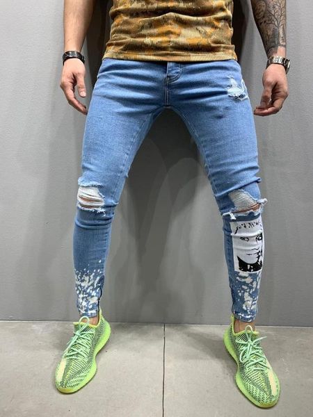 

white angel printing slim fit blue mens denim jeans