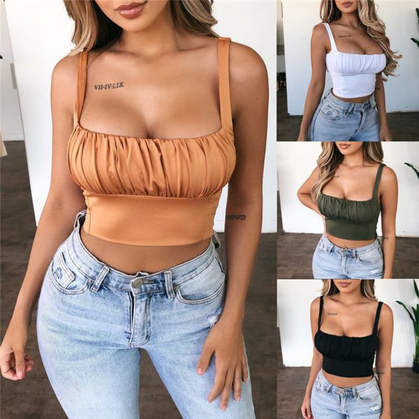 

2020 new women sleeveless tank vest crop clubwear summer square neck solid bustiers bodycon short tank camisole, White