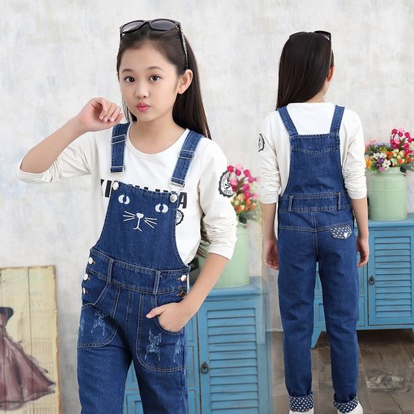 

kswiy jeans wear jumpsuit children's clothing girls' suspenders spring wear medium and large children girls' jeans spring and, Blue