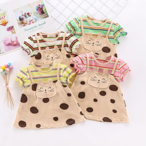 

cute shirt dress for baby girls striped short sleeve cartoon cat dress toddler baby girls princess kids summer clothes, Red;yellow