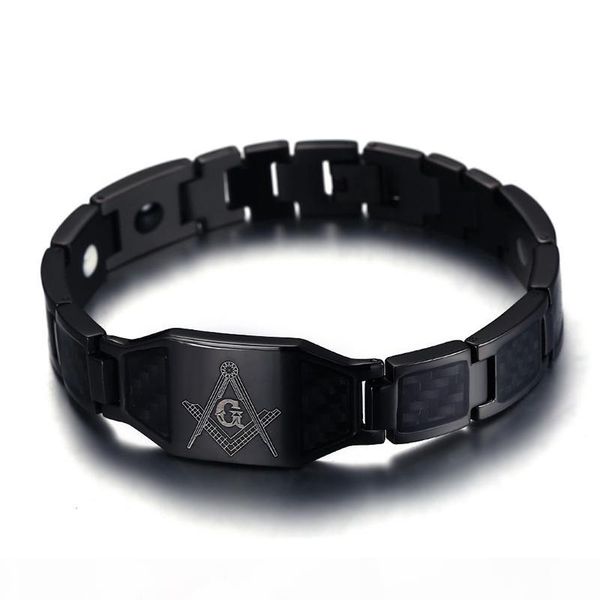 

man braslet black stainless steel mens magnetic bracelet with carbon fiber inlay masonic logo fashion jewelry y1891908