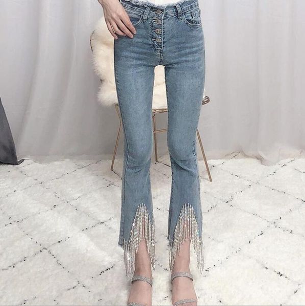 

new jeans women's heavy industry fringed beaded and fur-trimmed high waist slim denim pants women slight jeans flare p14, Blue