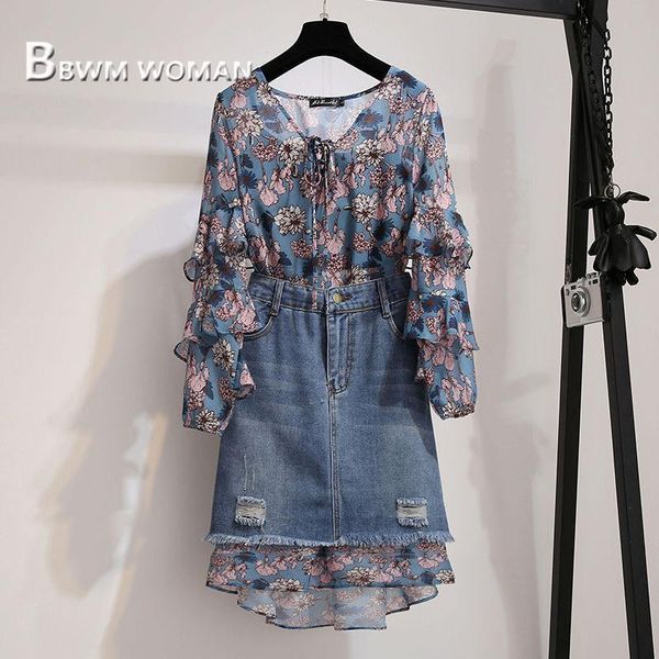 

plus size flower blouse and denim skirt women sets 2019 female sets t200325, White