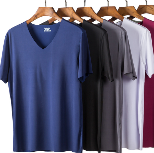

men's t-shirt thin section short-sleeved summer ice silk without trace slim stretch v-neck solid color bottoming t-shirt slim, White;black