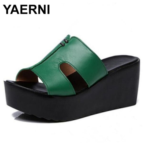 

yaernielegant comfortable genuine leather shoes woman sandals slippers platform shoes wedges slippers summerwomen sandals, Black