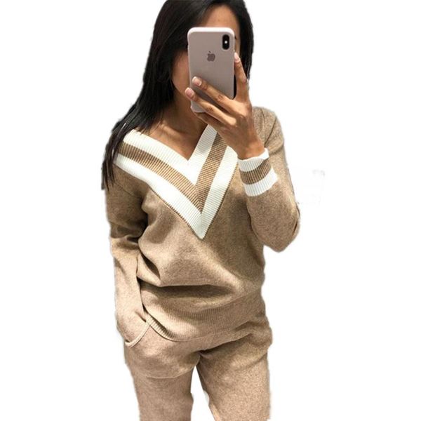 

mvgirlru autumn and winter color matching v-neck sweater + beam pants knitted two-piece suit, White