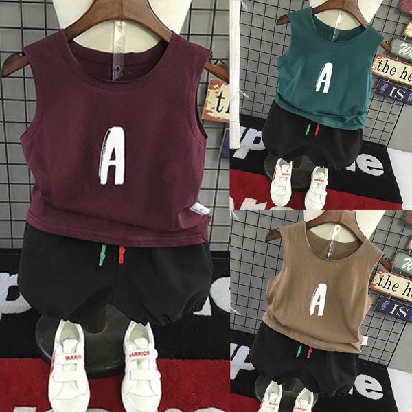 

k5ppr children's vest children's clothing wear summer wear boys' thin suit korean casual baby cotton letter vest shorts two-p