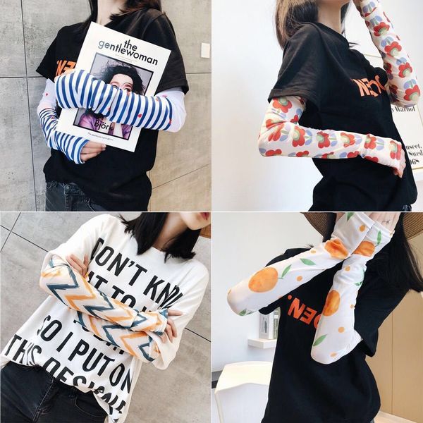 

summer sun protection women's silk floral hand riding uv protection arm net ice ice sleeve red sleeve, Black