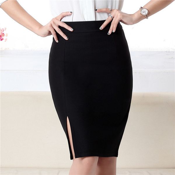

2020 new fashion solid women office formal pencil skirt spring summer elegant slim front slit midi skirt black gray red ol skirts