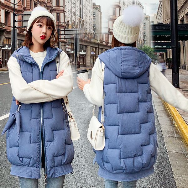 

2020 new women's autumn winter loose warm thick cotton padded long vests female korean style hooded sleeveless waistcoat a193, Black;white