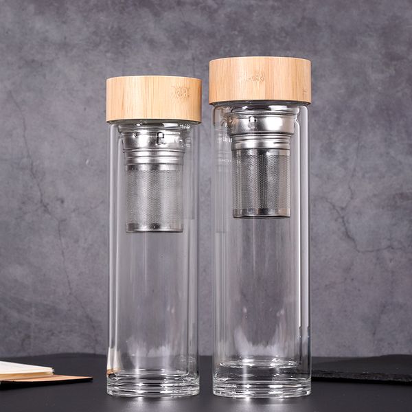 

450ml bamboo lid water cups double walled glass tea tumbler with strainer and infuser basket glass water bottles gga2633