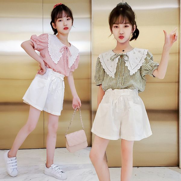 

clothing sets 2021 children girl summer set big lace collar plaid shirts+white shorts kids fashion elegant suits 4-14age
