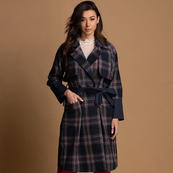 

2020 d&h fur autumn new european and american mid-length plaid women's coat thin woolen overcoat overcoat, Black