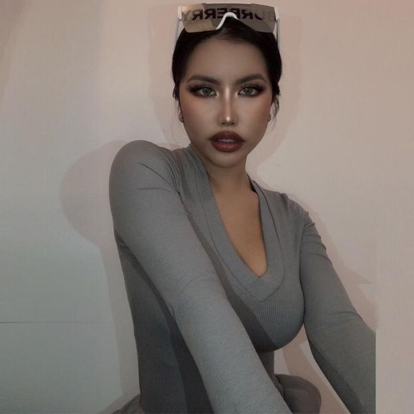 

women's jumpsuits & rompers kgfigu women long sleeve deep v neck grey bodysuits 2021 arrivals rib bodycon short overalls drop, Black;white