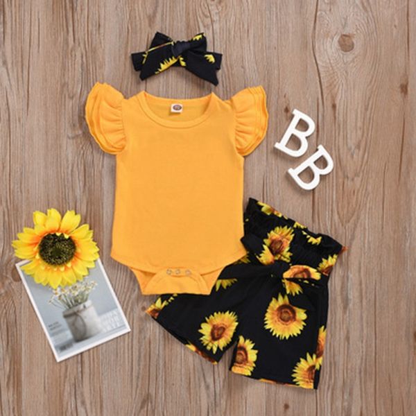 

baby girl юбки шорты комплект summer flare sleeve solid ромперы + цветочный принт юбка + повязка младенца повседневный нижнее одежда 2020, White
