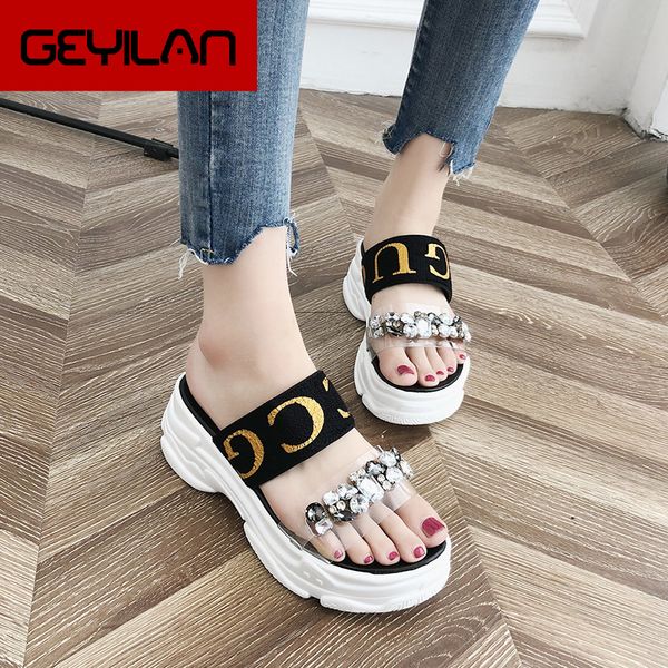 

women sandals 2020 new summer shoes women high heel flip flops peep toe sandals platform rhinestone ladies shoes zapatos mujer, Black