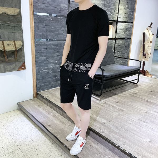 

men's summer suit trendy handsome casual korean fashion summer men's t-shirt short sleeve t-shirt and shorts shorts match a set, Black;red