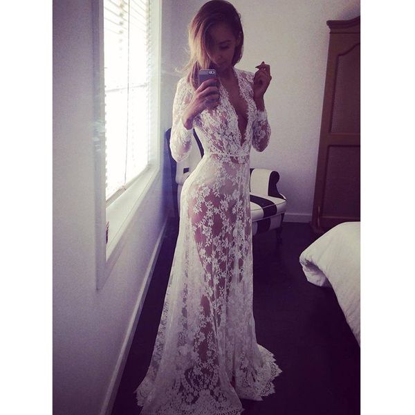 

new deep v lace beach dress long sleeve beach cover up women bikini swimsuit cover up plus size see through dress beachwear