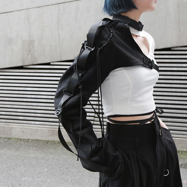 

fashion irregular one shoulder long sleeved with a tie-up women streetwear hip hop buckle halter long sleeve coat black