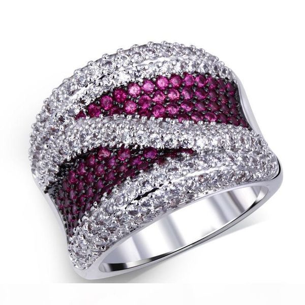 

wide band bridal rings women cocktail rings fuchsia blue colors contrast simulated cz, Slivery;golden