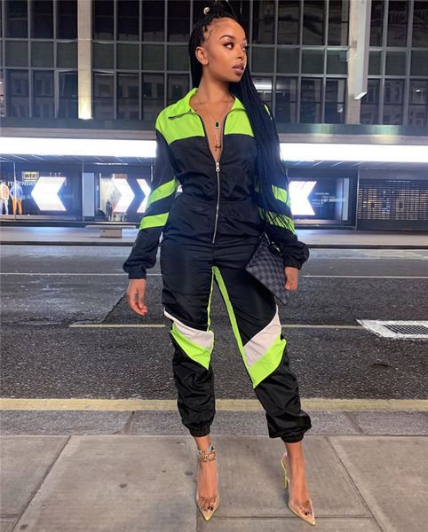 

contrast color long pants designer womens jumpsuits lapel neck fashion zipper fly rompers casual sports clothing, Black;white