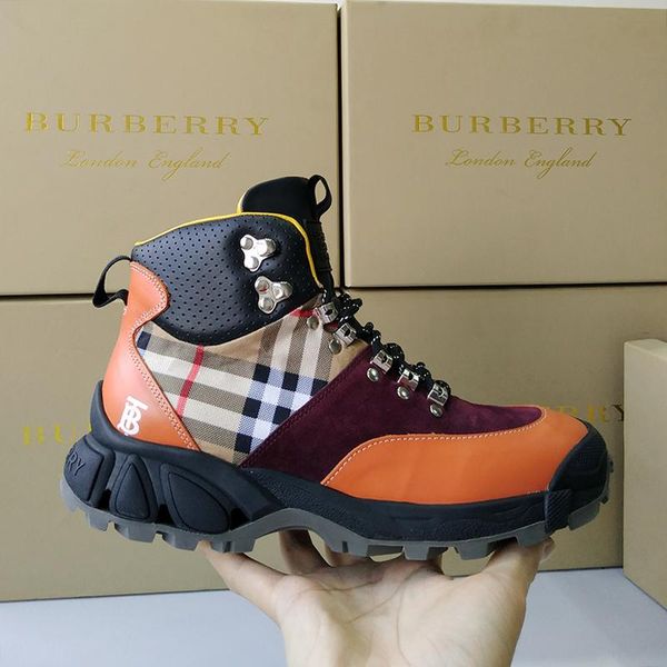 

leather vintage check cotton and suede tor boots mens shoes lightweight sports shoes high lace -up luxury men boots zapatos de hombre, Black